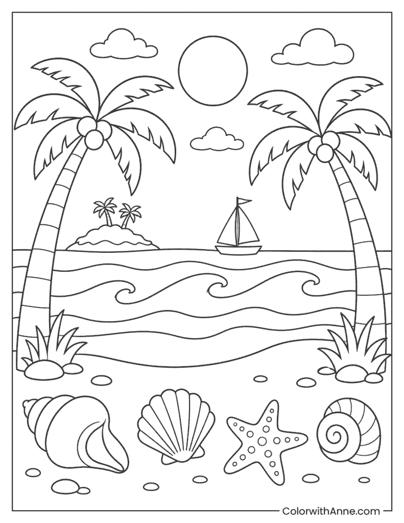 Tropical Beach Paradise Coloring Page