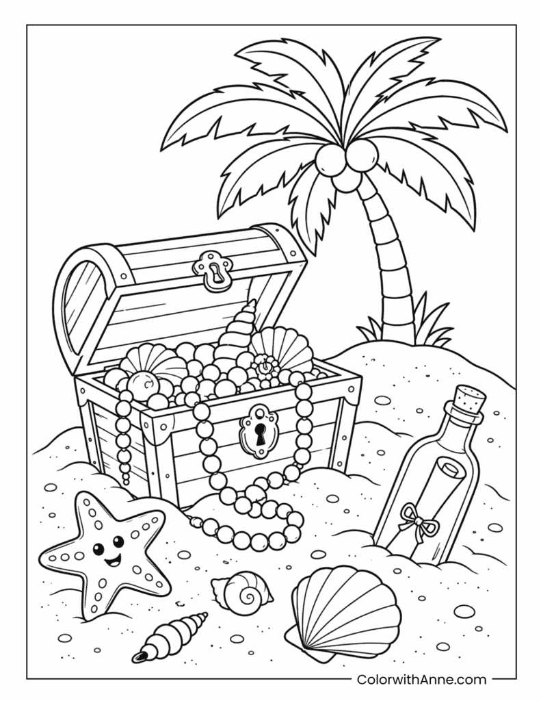 Tropical Beach Treasure Chest with Pearls and Message Bottle Coloring Page