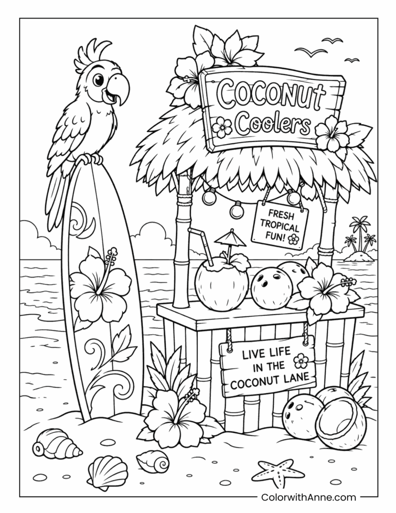 Tropical Coconut Coolers Beach Stand with Parrot Coloring Page