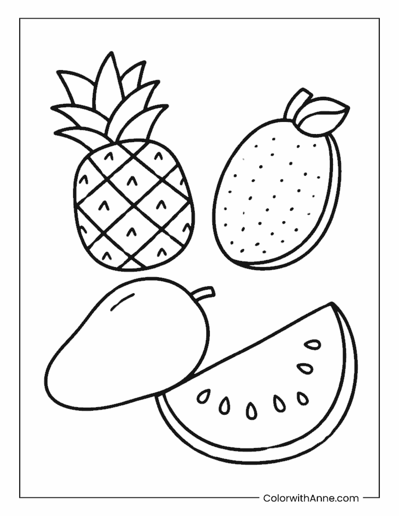 Tropical Fruits (Pineapple, Mango, Watermelon) Coloring Page