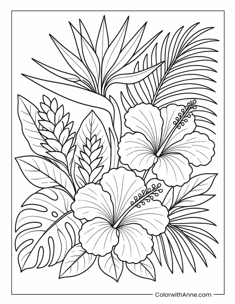 Tropical Hibiscus Flowers Coloring Page