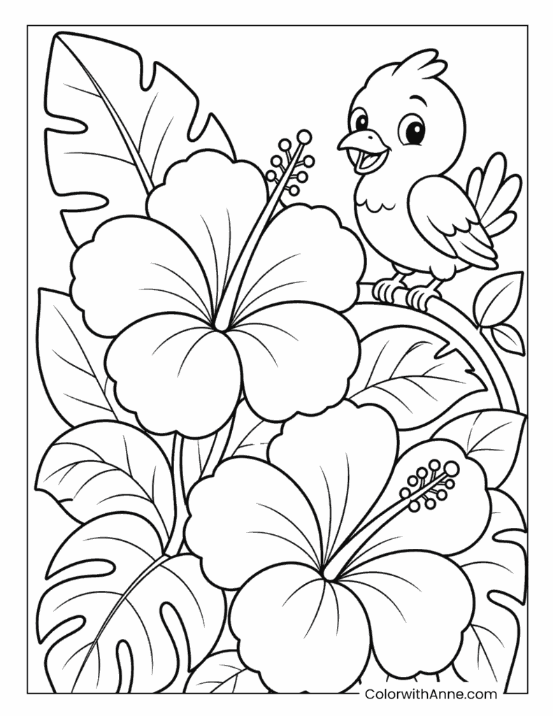 Tropical Hibiscus Flowers with Bird Coloring Page