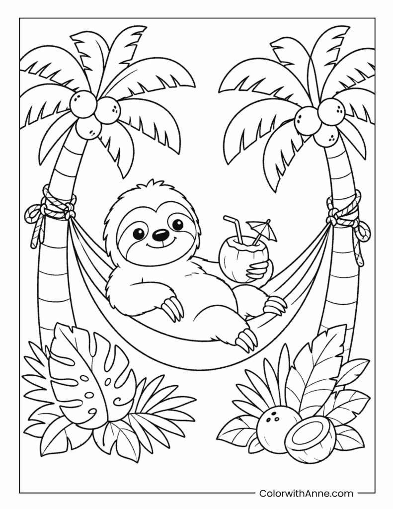 Tropical Sloth Relaxing in a Hammock Coloring Page