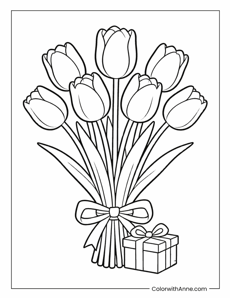 Tulip Bouquet and Small Gift Box Present Coloring Page