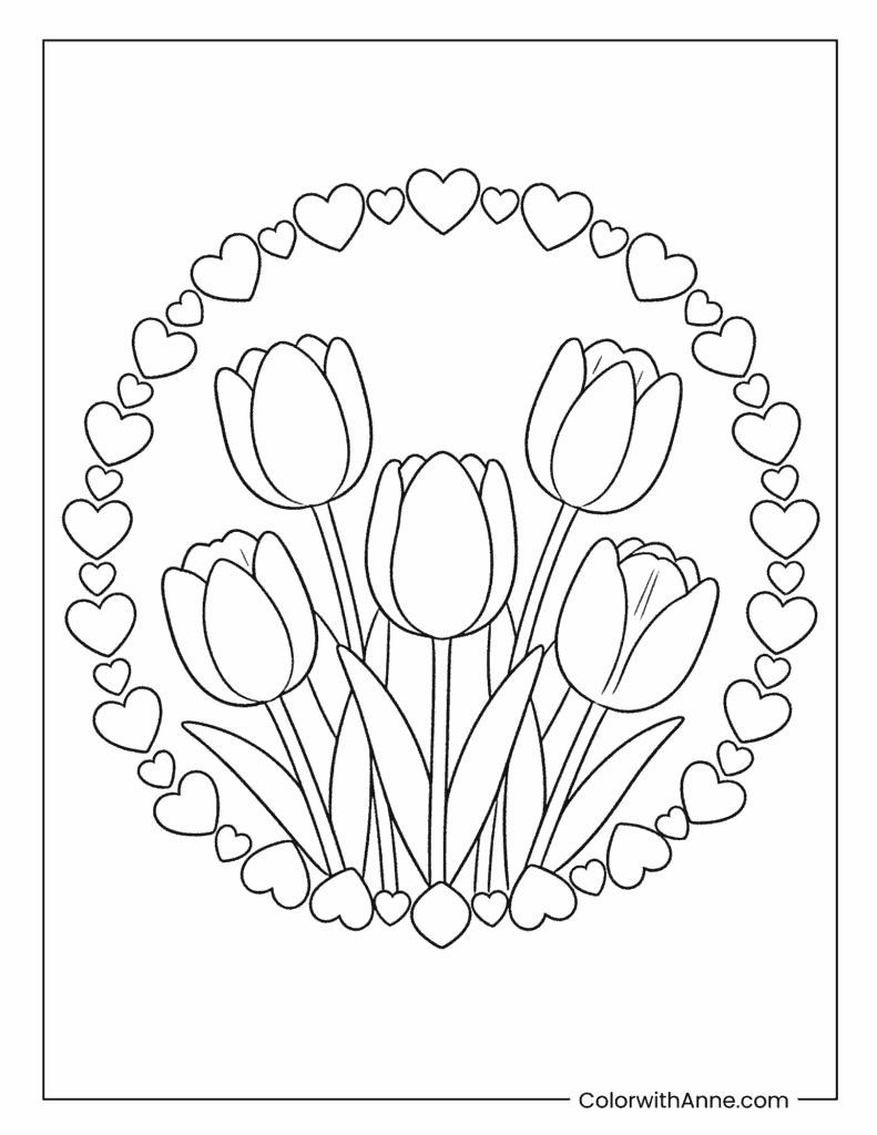 Tulip Bouquet with Pretty Heart Border Coloring Page