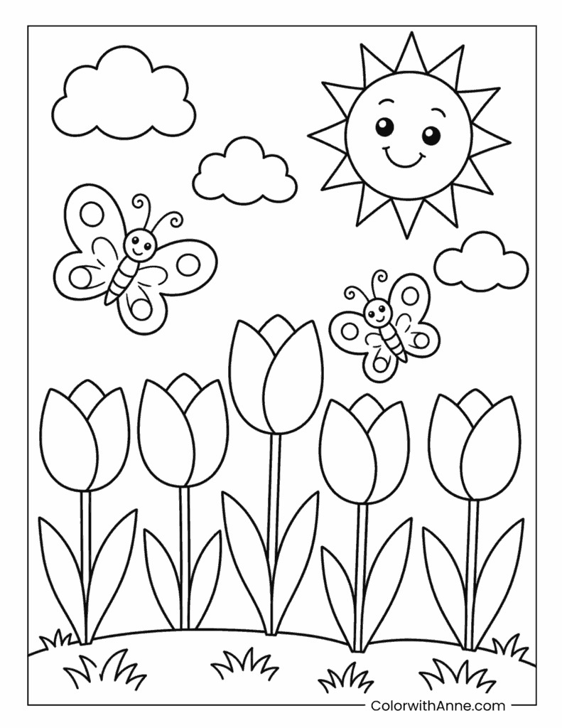 Tulip Garden with Butterflies and Smiling Sun Coloring Page