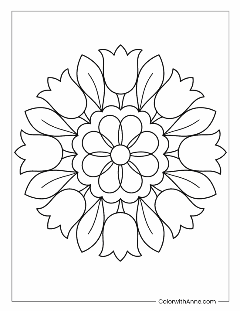 Tulip Petal Mandala With Center Flower Coloring Page