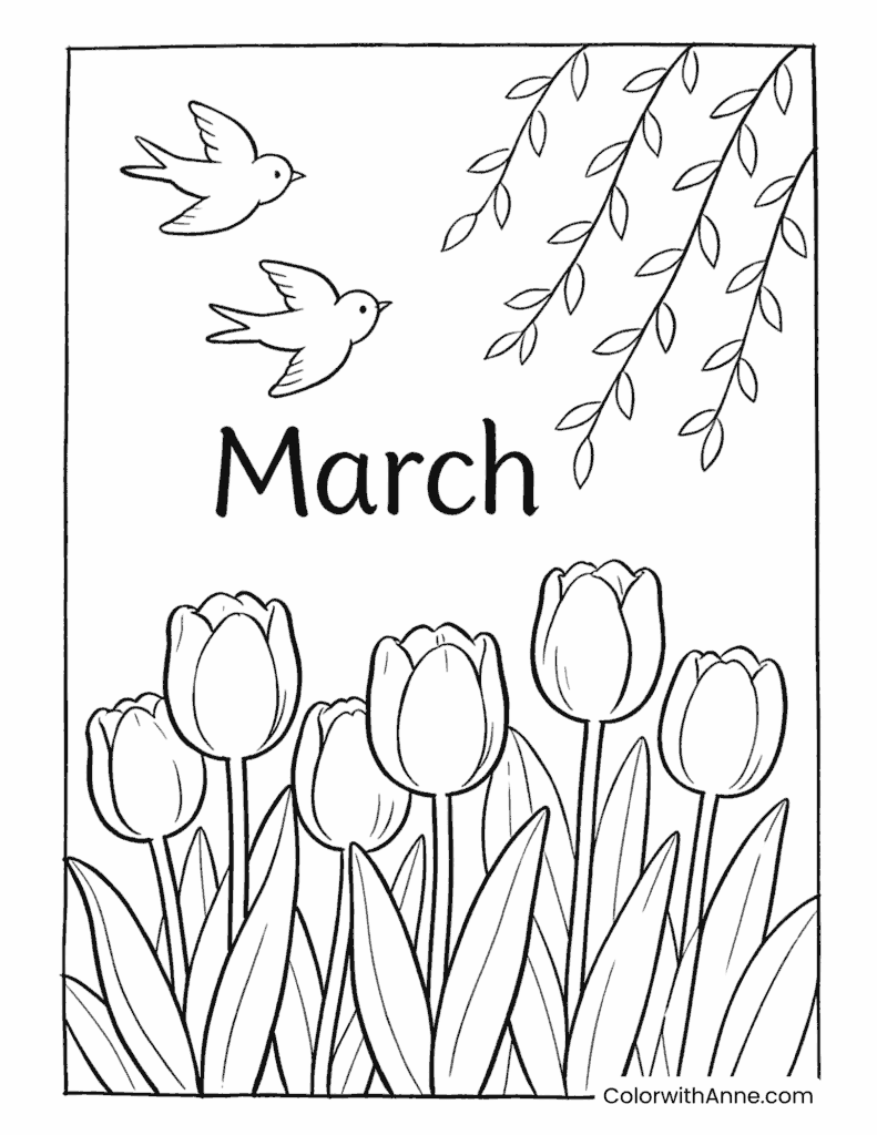 Tulips, Birds, and Willow for March Coloring Page