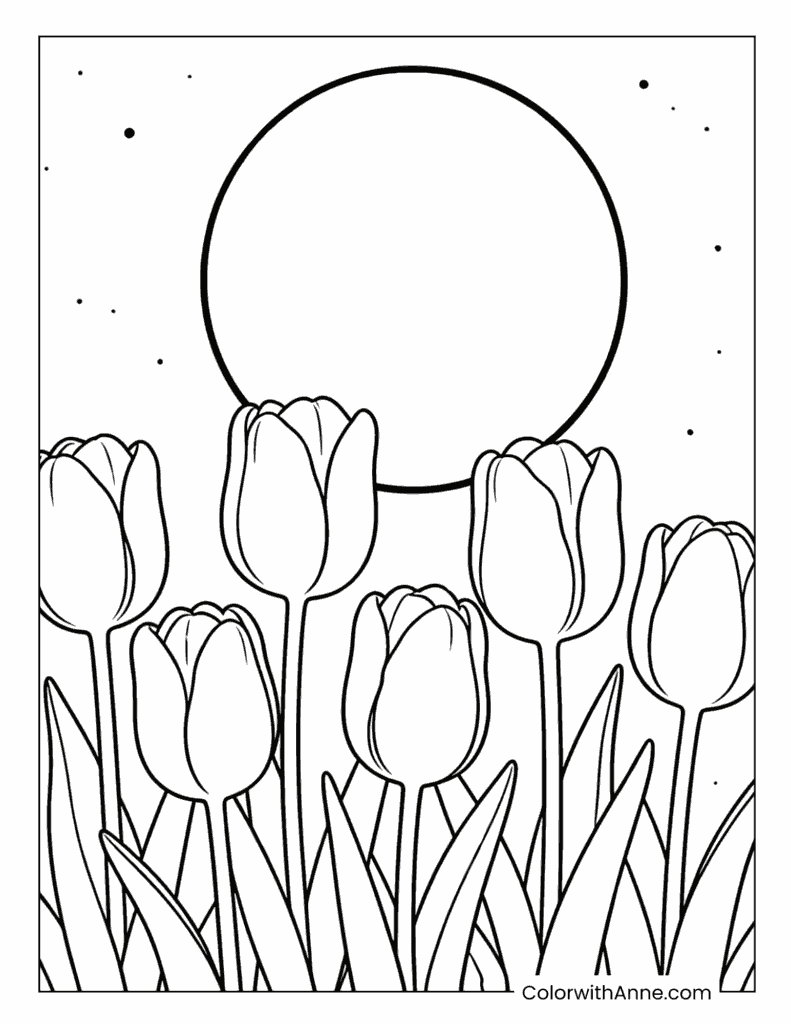 Tulips Under a Moon Coloring Page