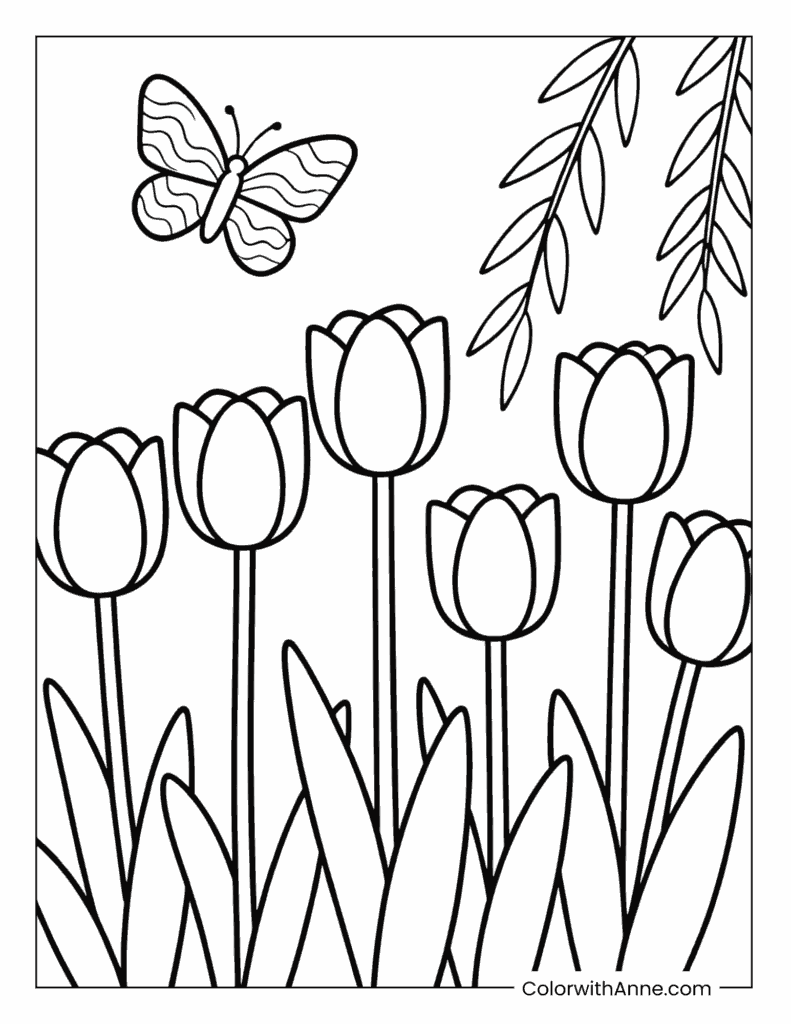 Tulips Under a Willow Branch Spring Coloring Page