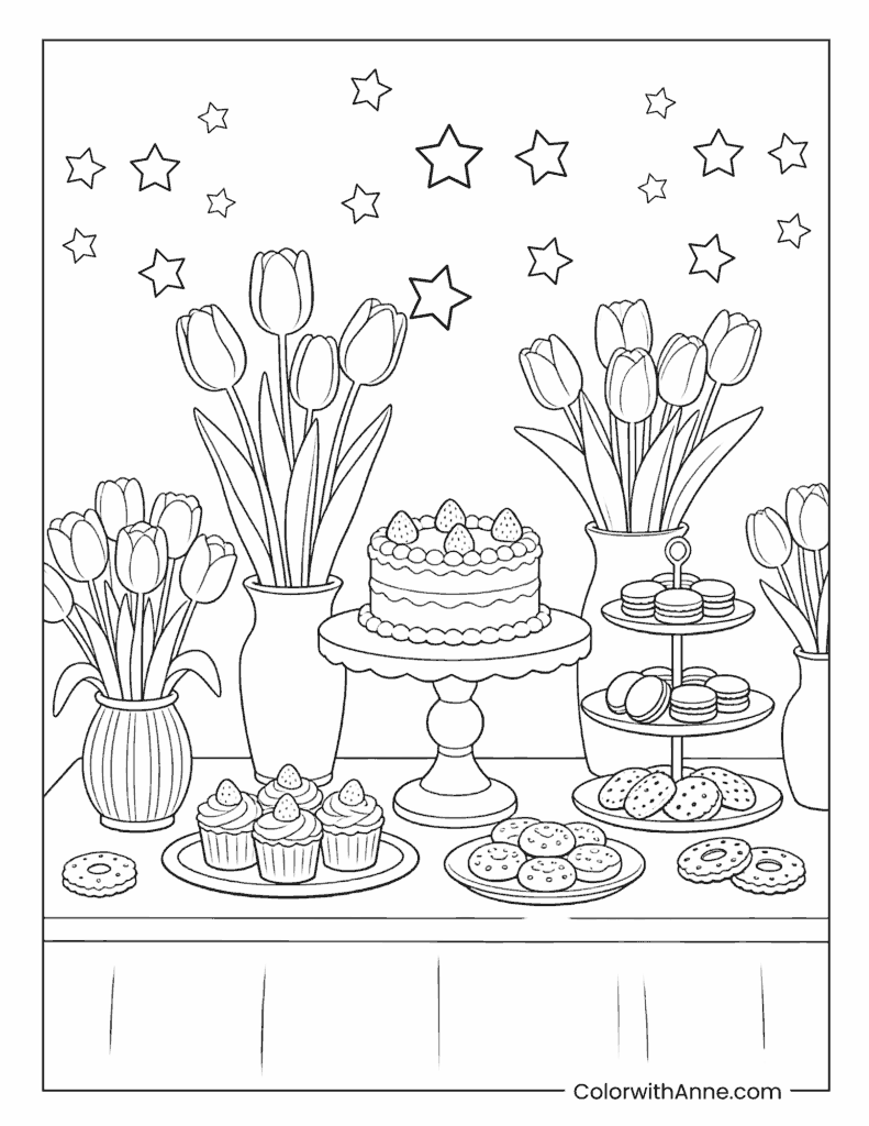 Tulips and Cupcakes Party Tea Time Coloring Page
