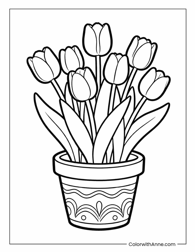 Tulips in Decorated Flower Pot Coloring Page