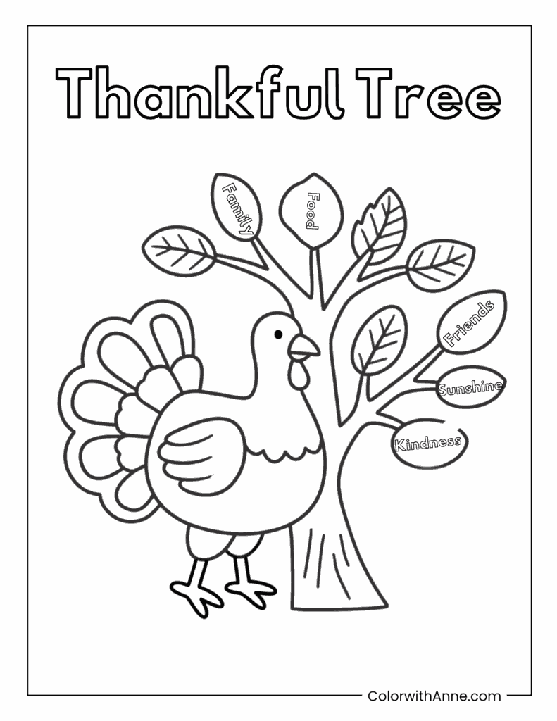 Turkey Decorating a “Thankful Tree” Coloring Page