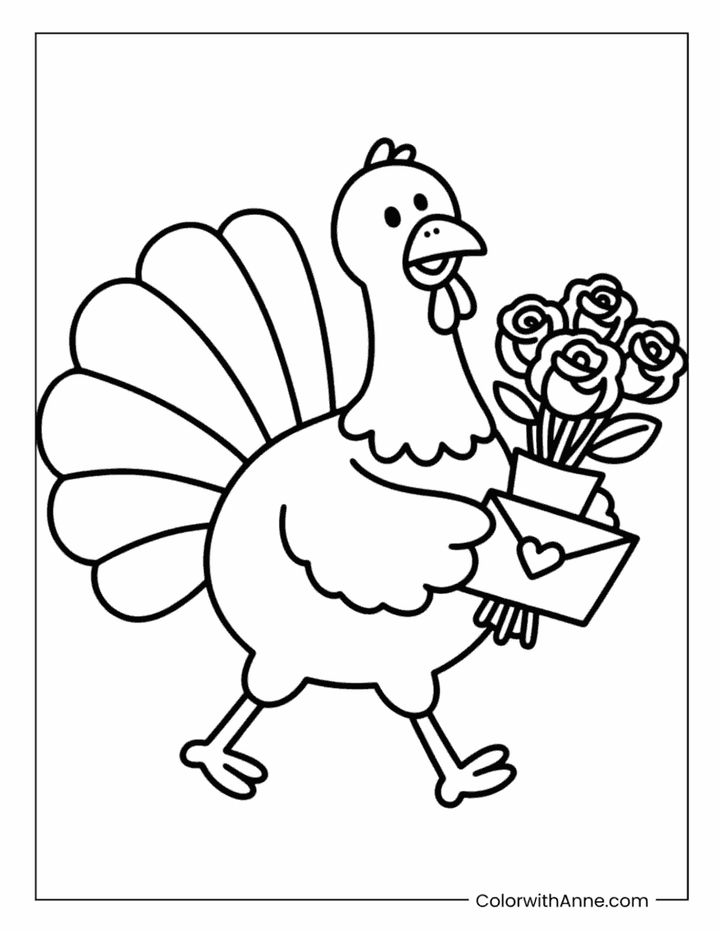 Turkey Holding a Bundle of Flowers Coloring Page