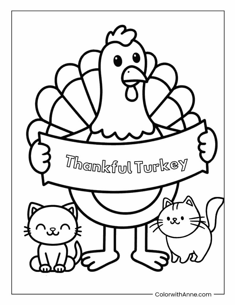 Turkey Holding a Thankful Banner Coloring Page