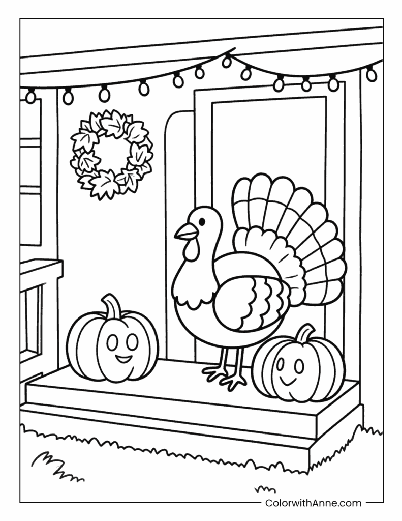 Turkey Painting Pumpkins on a Front Porch Coloring Page