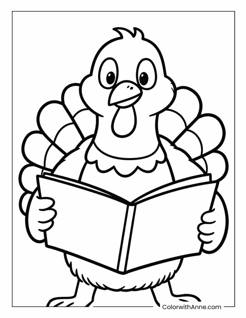 Turkey Reading a Book Coloring Page