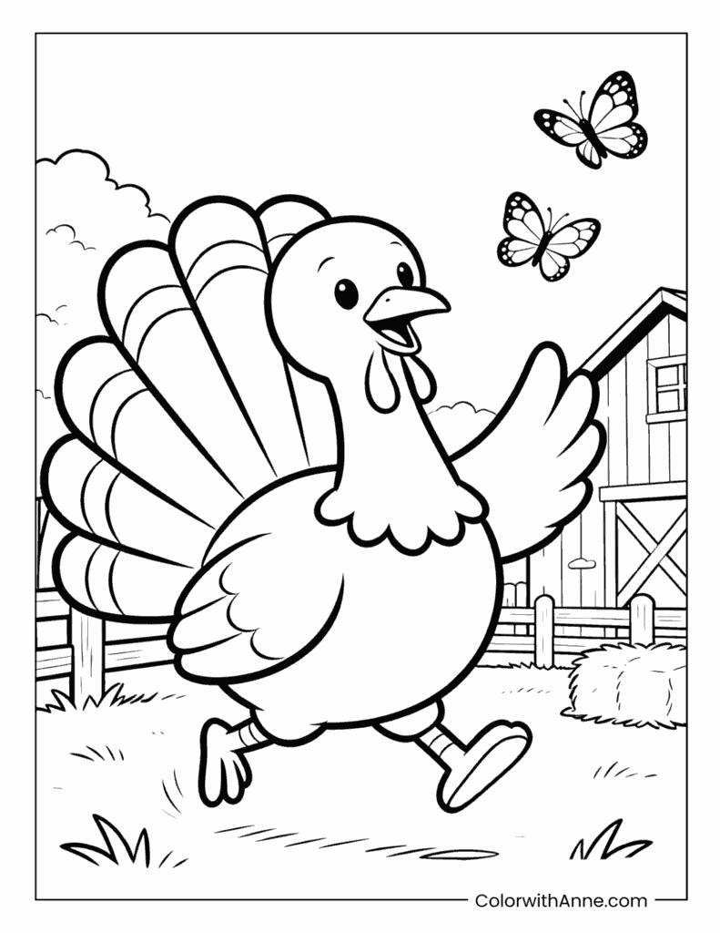 Turkey Running Past a Barn and Hay Bale Coloring Page
