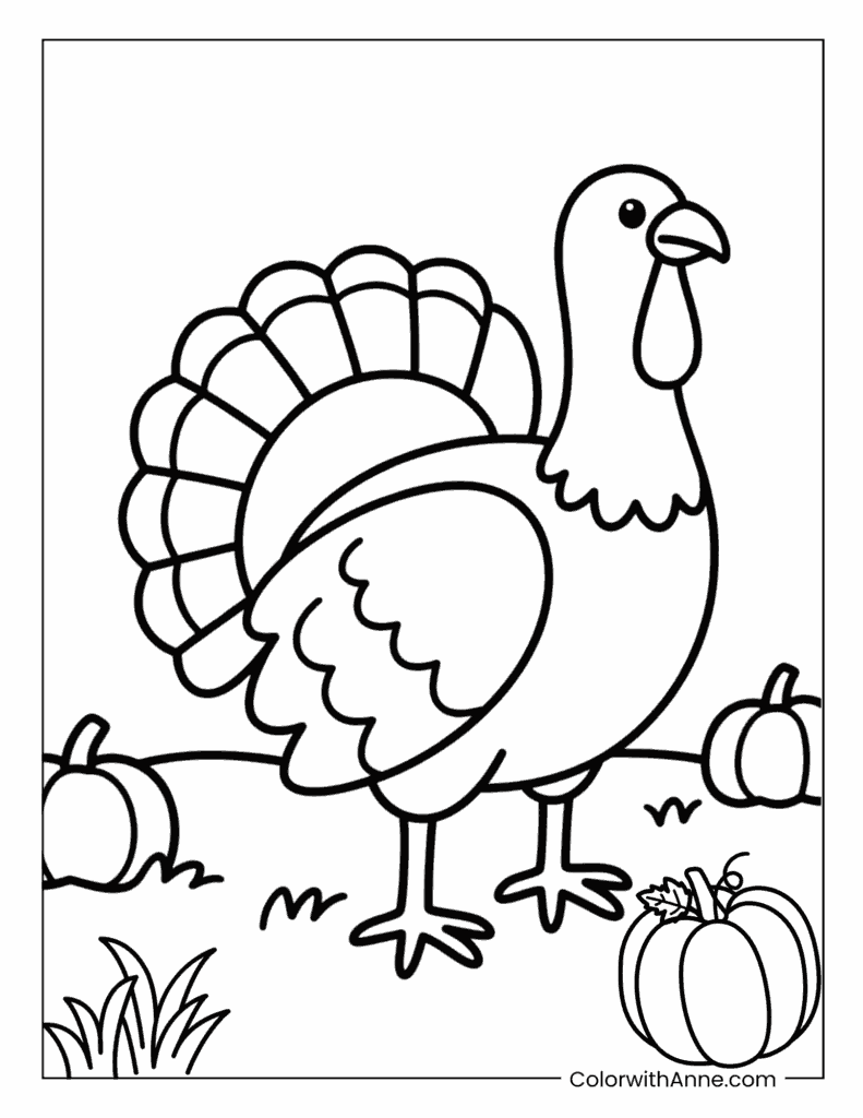 Turkey Standing in a Pumpkin Patch Coloring Page