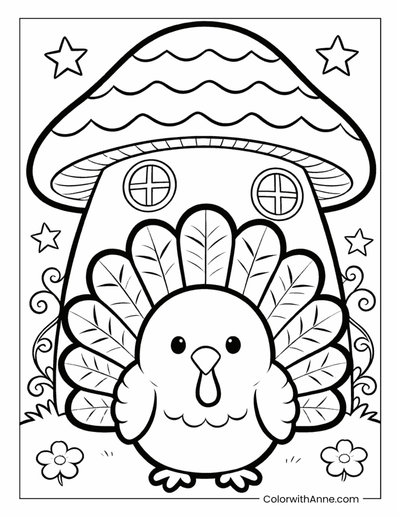 Turkey and Mushroom House Coloring Page