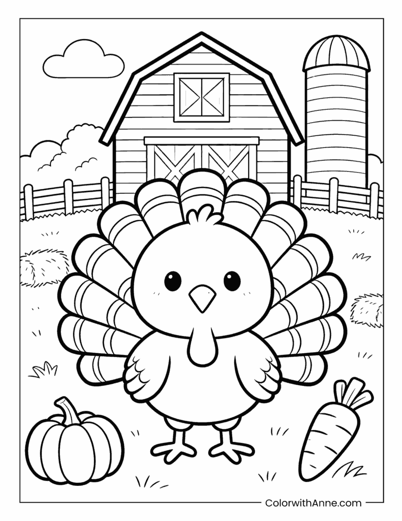 Turkey in Front of a Barn Coloring Page