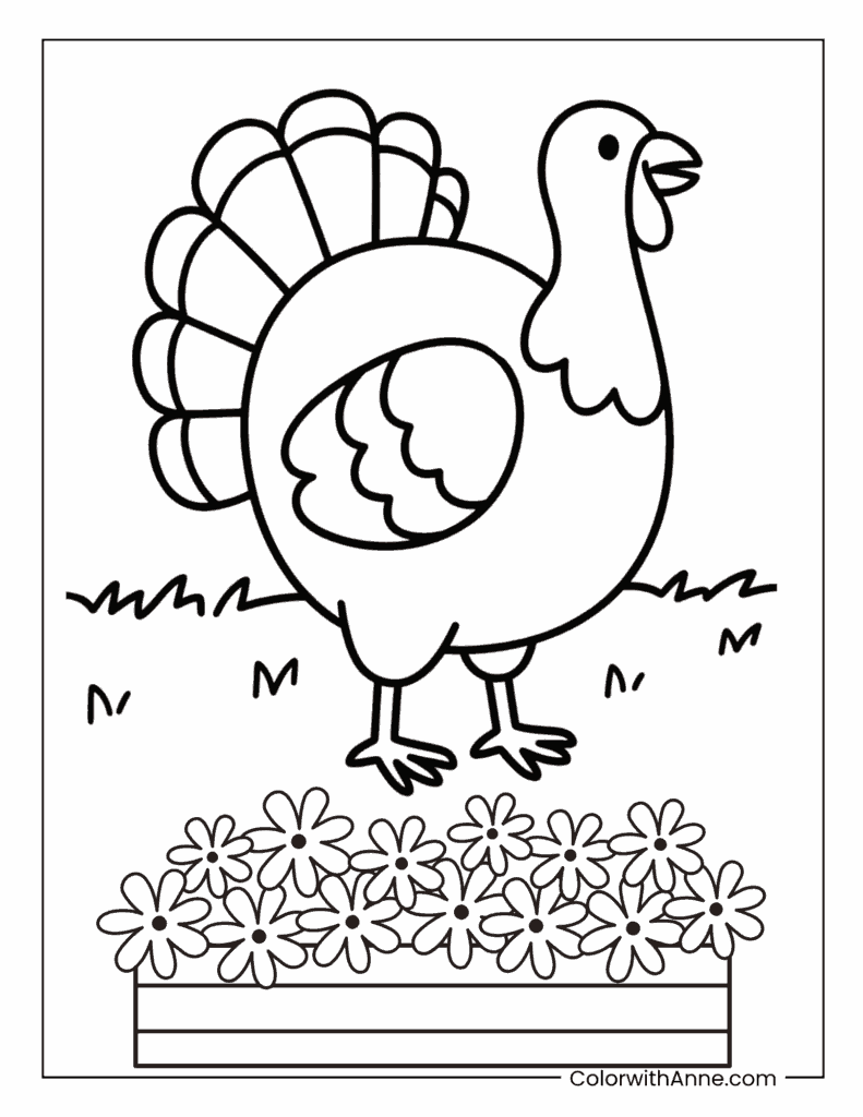 Turkey in a Field with Flowers Coloring Page