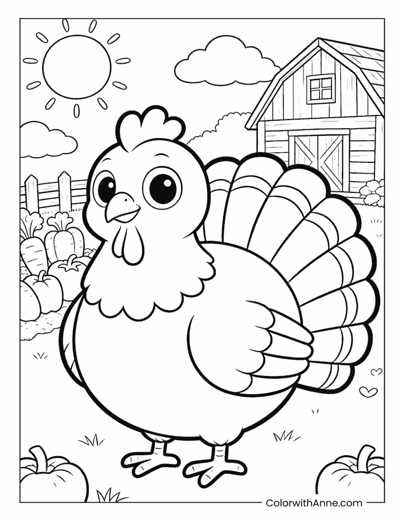 Turkey in a Sunny Farm Coloring Page