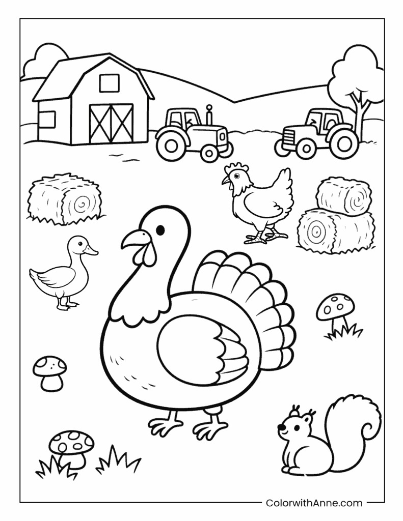 Turkey on a Farm with Barns Coloring Page
