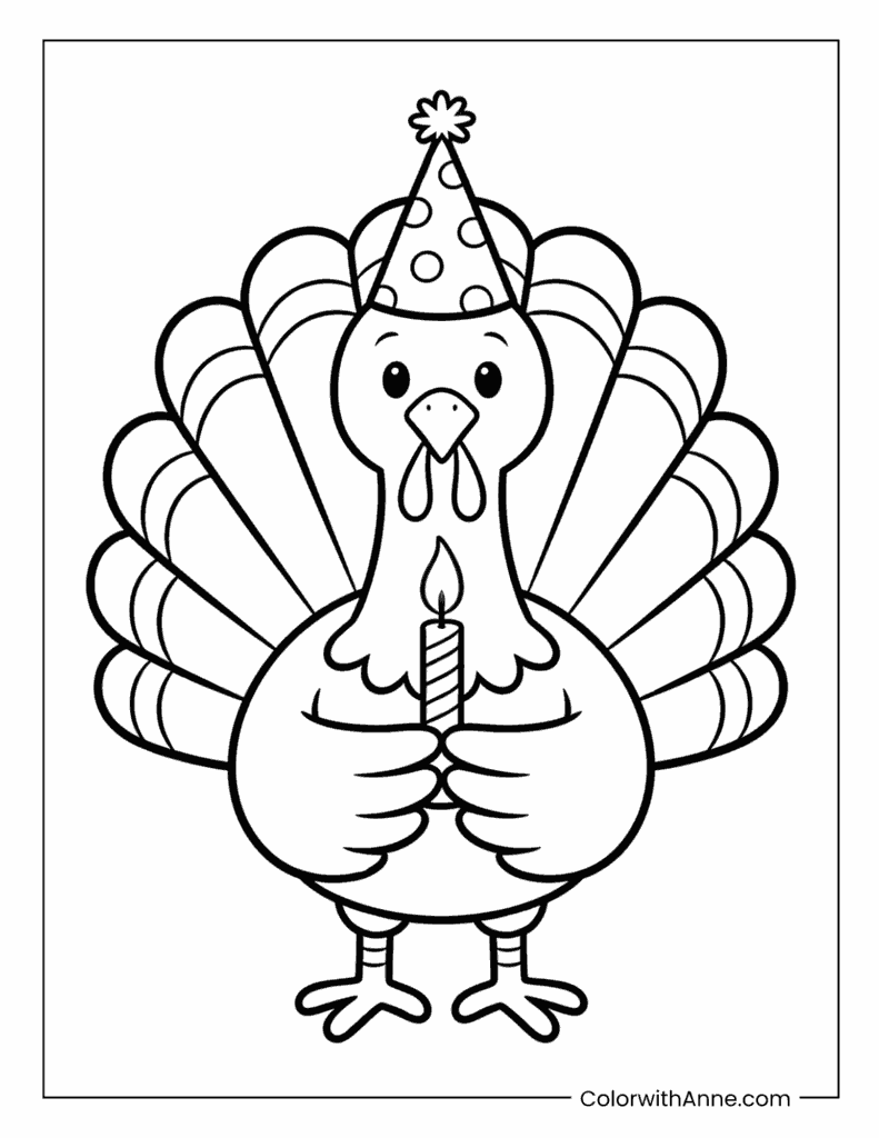 Turkey with a Party Hat Holding a Birthday Candle Coloring Page