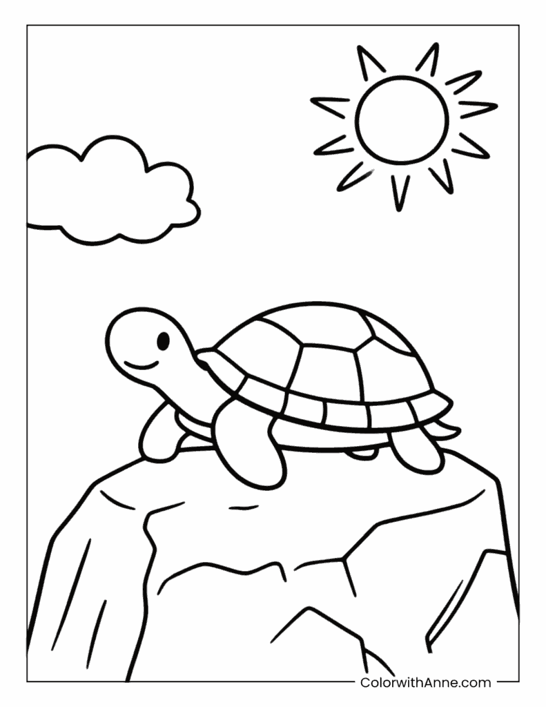Turtle Basking on a Rock Coloring Page