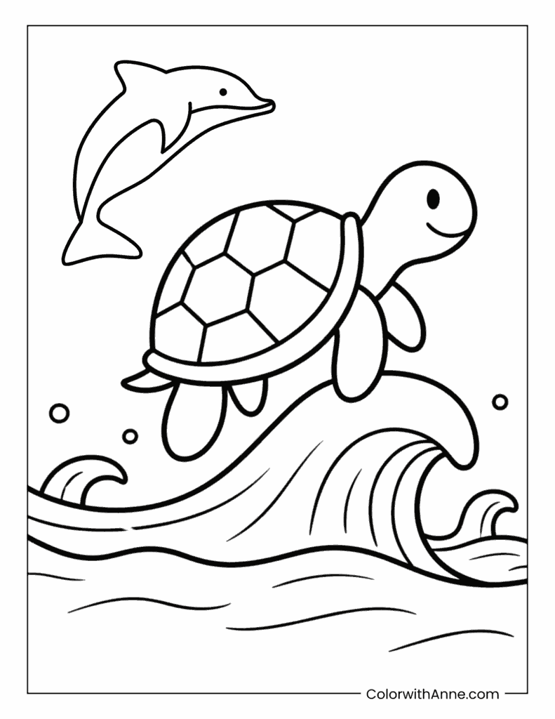Turtle Riding a Wave with Dolphins Coloring Page