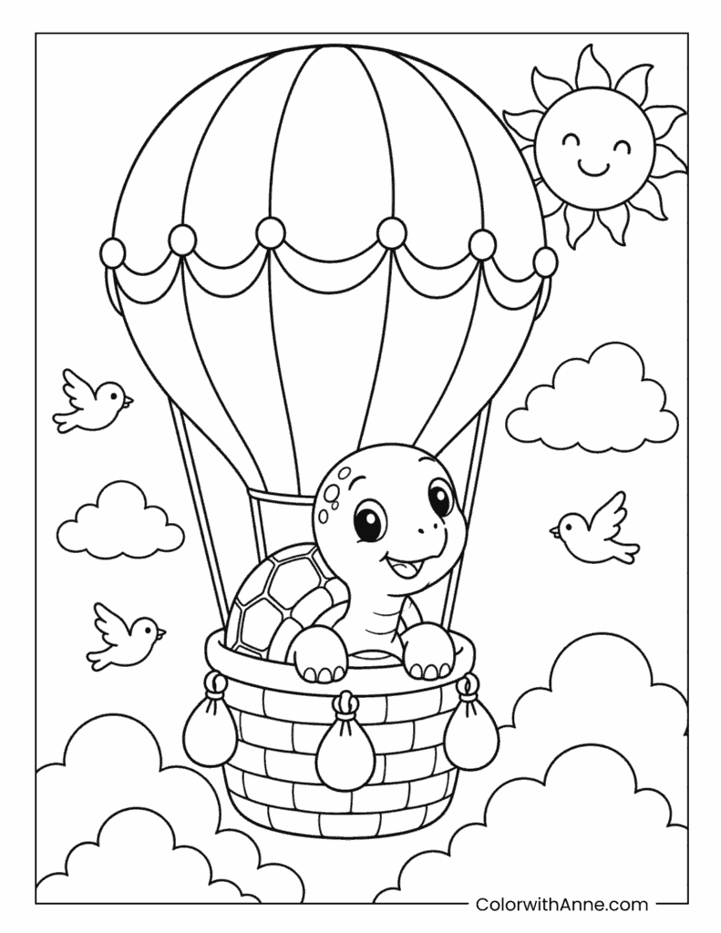 Turtle Riding in a Hot Air Balloon Coloring Page