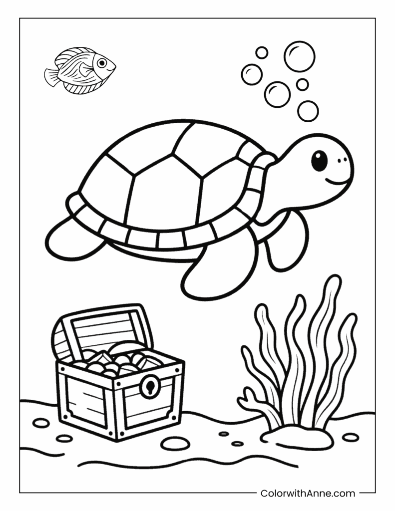 Turtle Under the Sea with a Treasure Chest Coloring Page