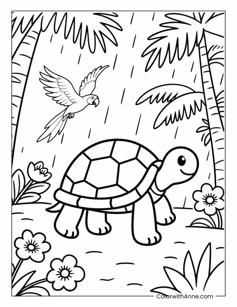 Turtle Walking Through a Rainforest Coloring Page