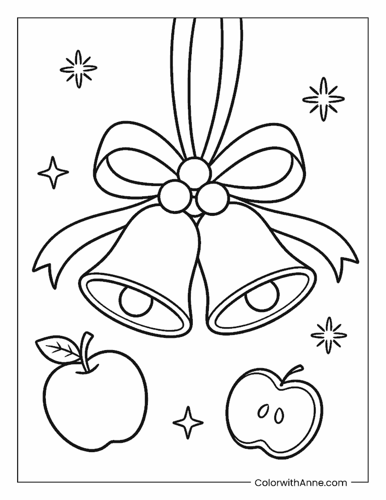 Two Apples with Bells and a Bow Coloring Page