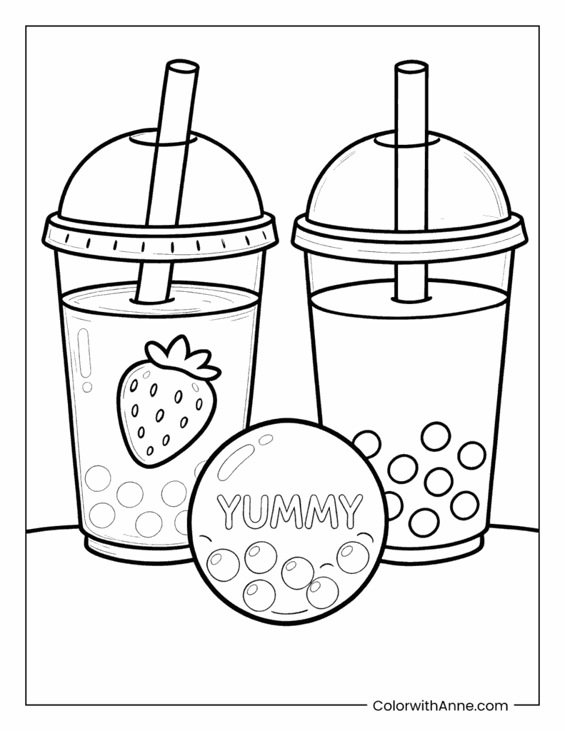 Two Boba Cups with YUMMY Sign Coloring Page