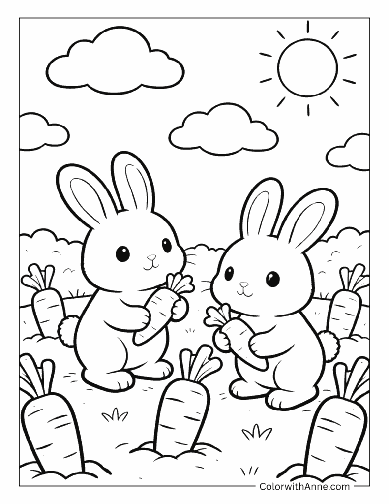 Two Bunny Friends in a Carrot Field Coloring Page