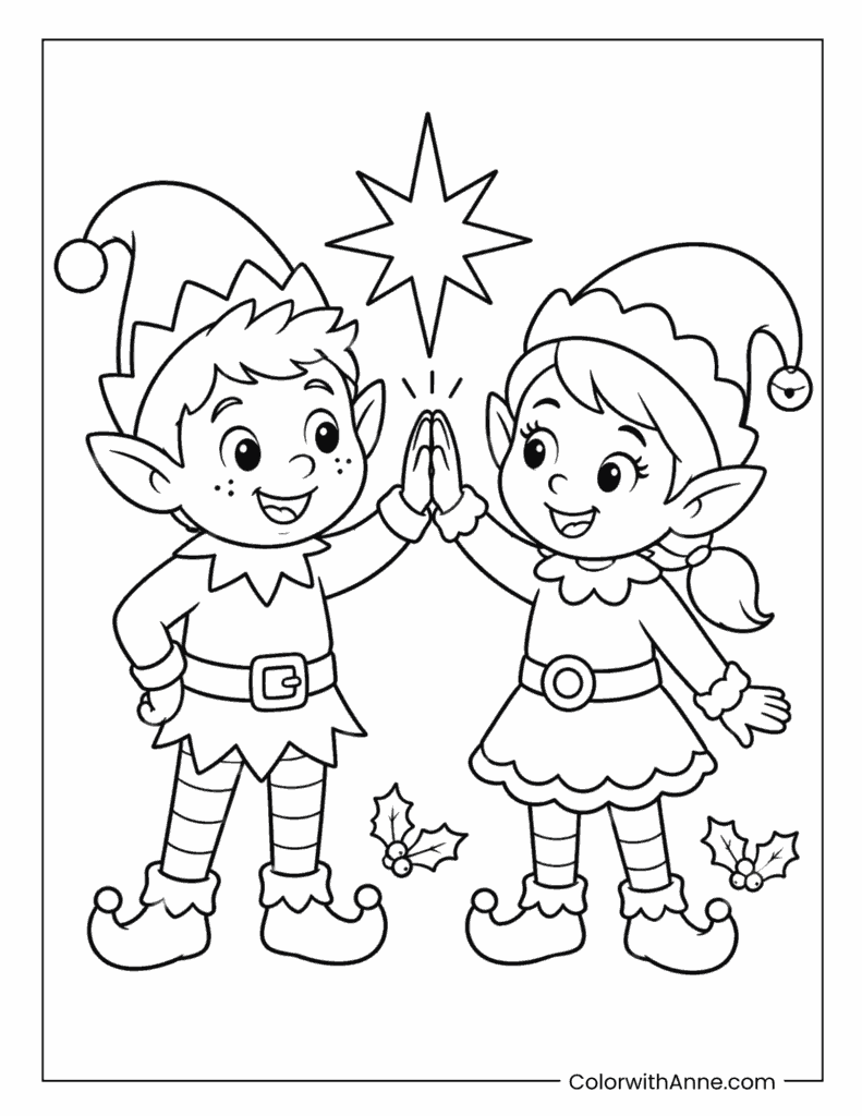 Two Christmas Elves High-Fiving Coloring Page
