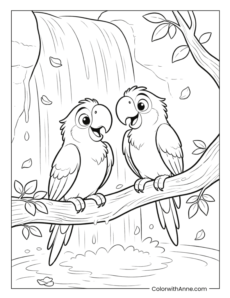 Two Cute Macaws by a Waterfall Coloring Page