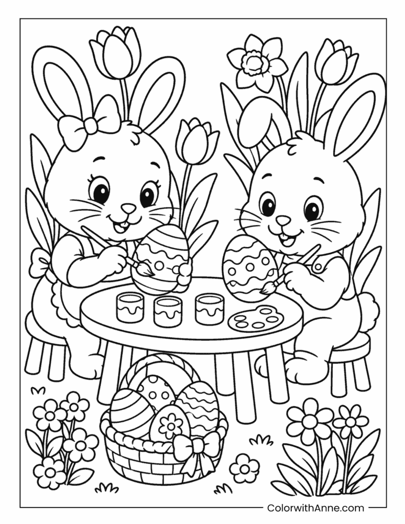 Two Easter Bunnies Decorating Eggs at a Table Coloring Page