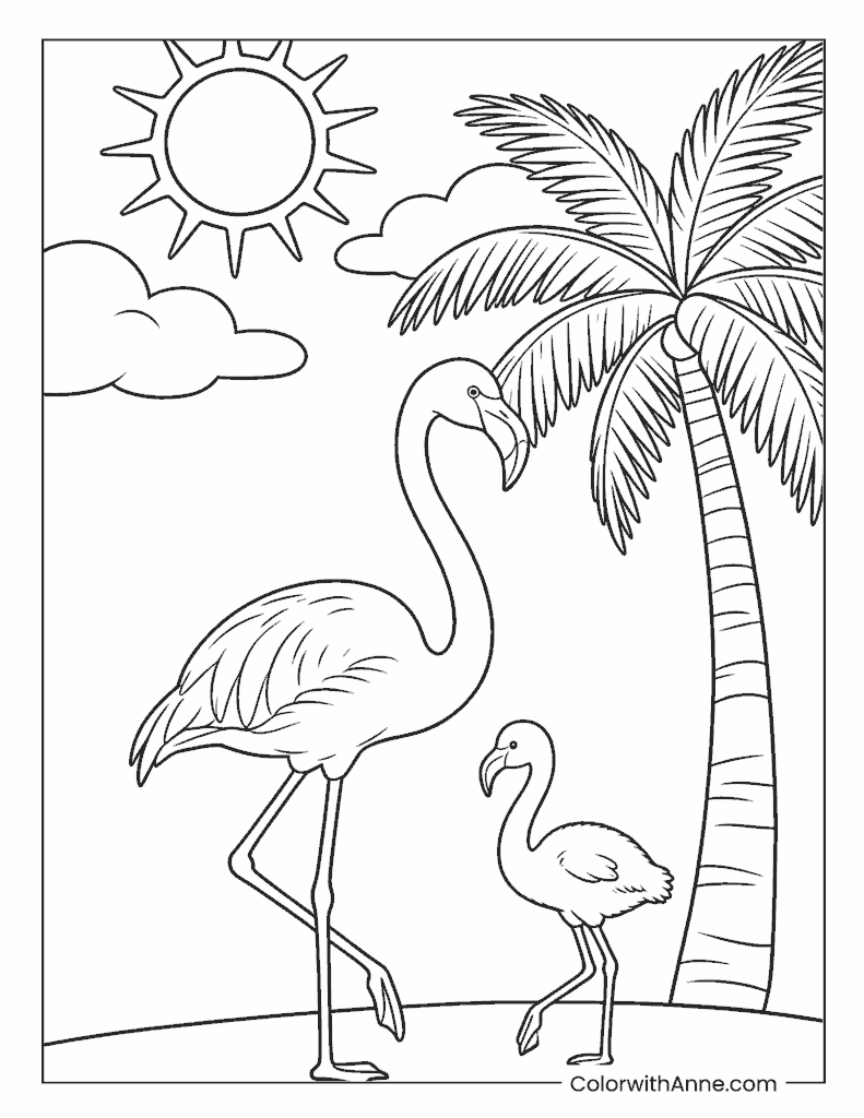 Two Flamingos by a Palm Tree Coloring Page
