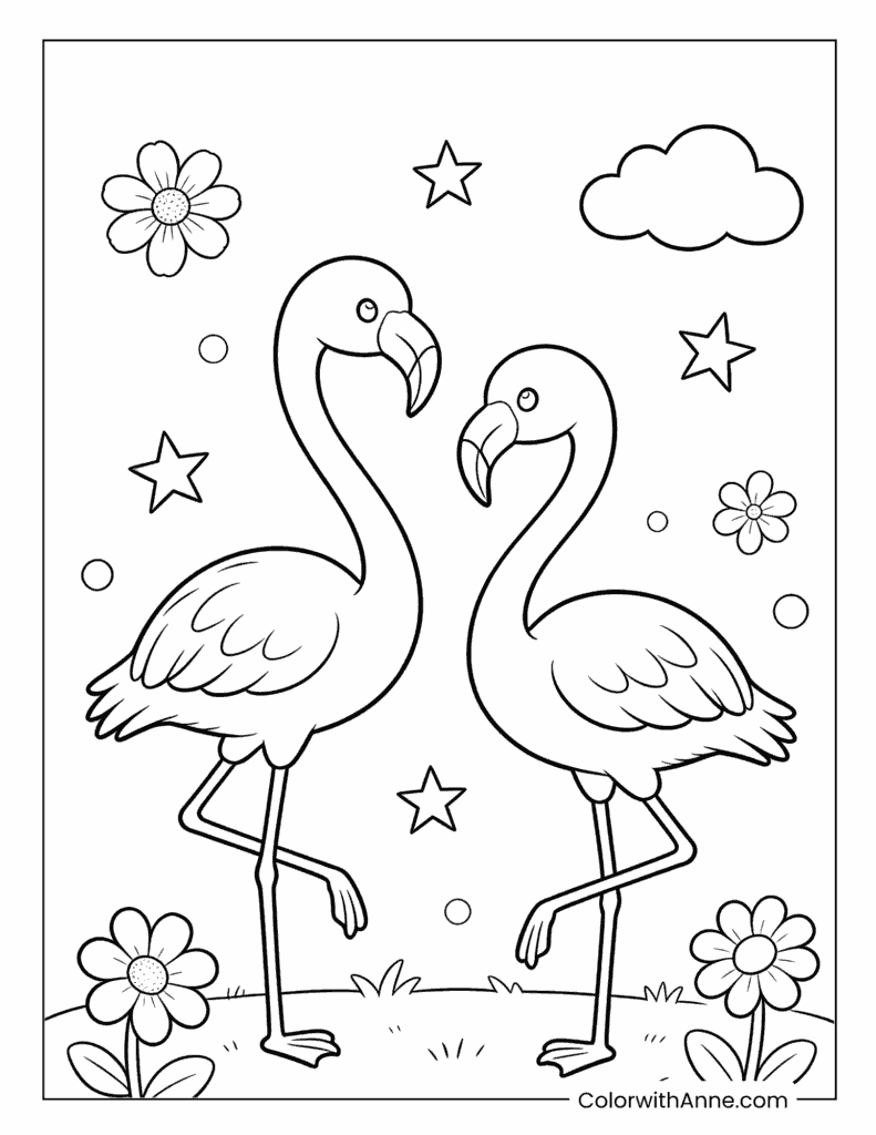 Two Flamingos with Stars Coloring Page