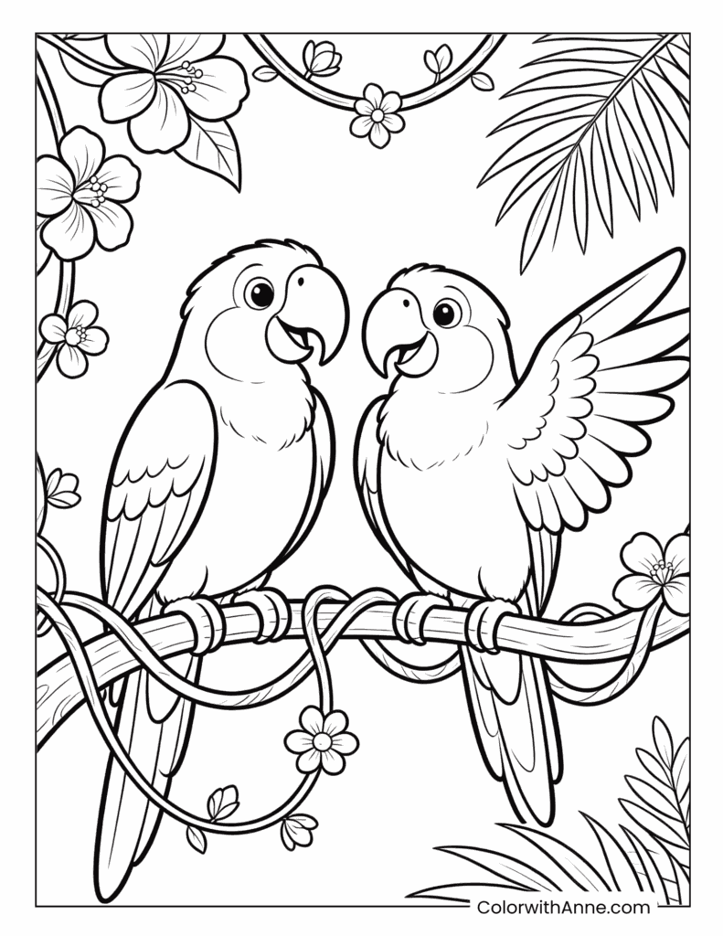 Two Macaws on Tropical Branch Coloring Page