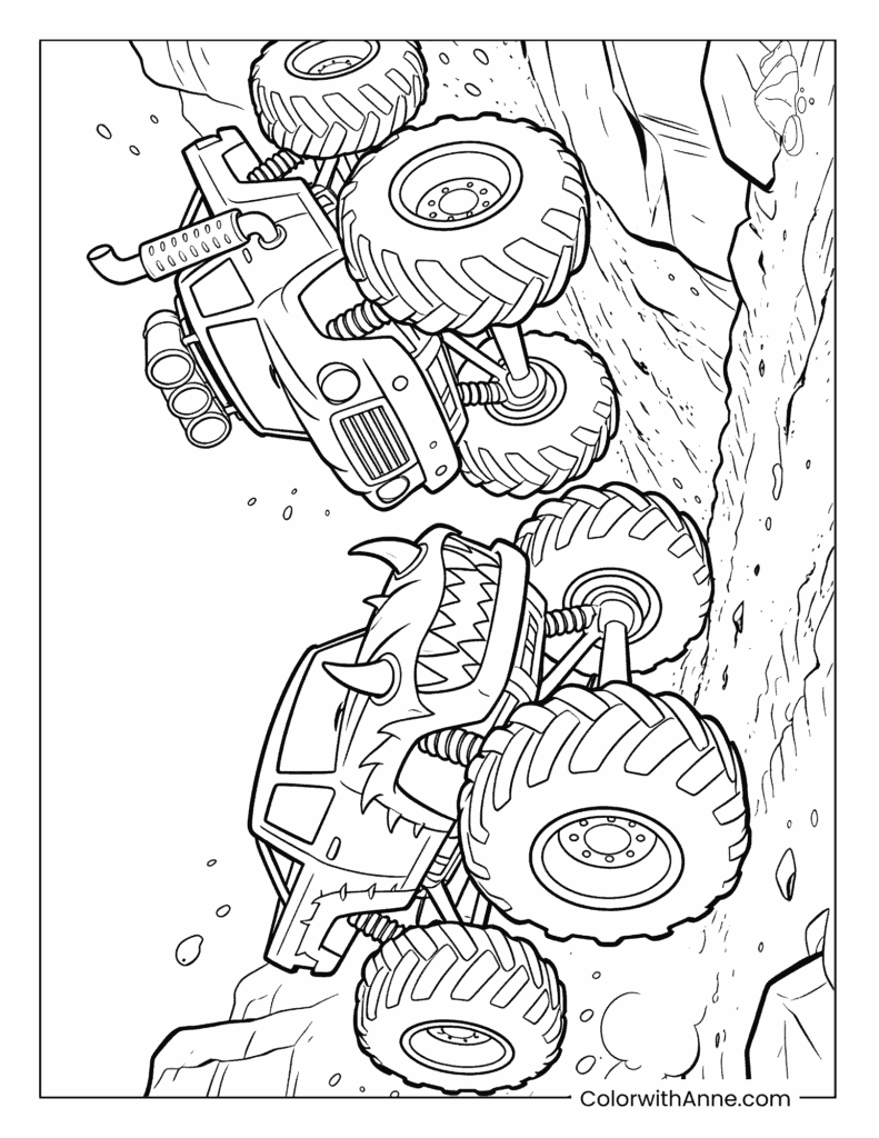 Two Monster Trucks Competing on a Cliff Racing Coloring Page