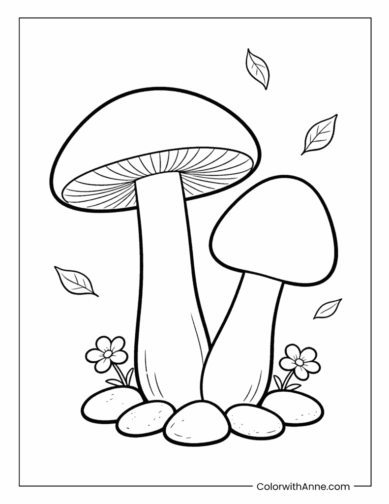 Two Mushrooms with Flowers and Rocks Coloring Page