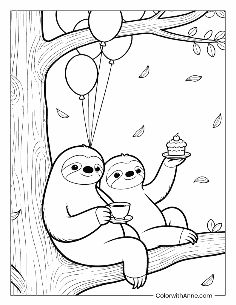 Two Sloths Having Dessert Coloring Page