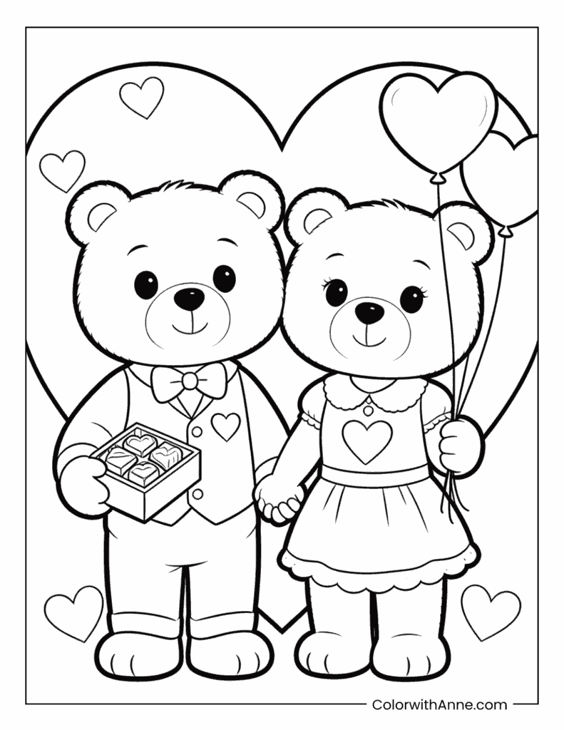 Two Teddy Bears Holding Hands in a Heart Valentine's Day Coloring Page