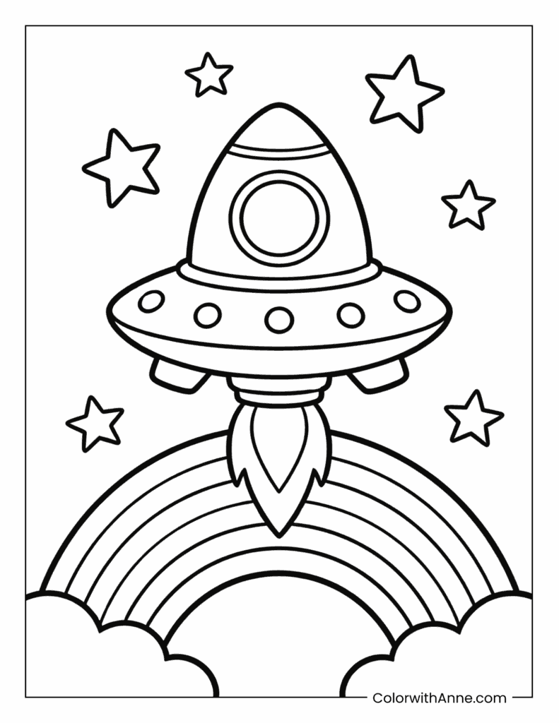 UFO Flying Over a Rainbow Coloring Page
