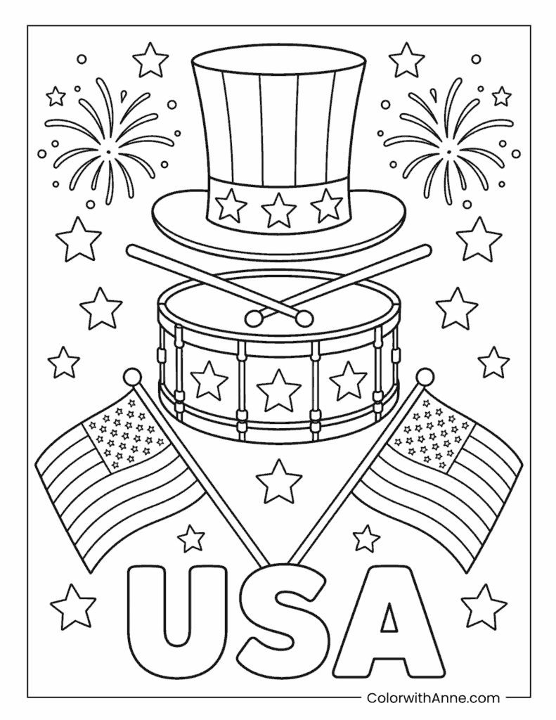 USA Drum and Uncle Sam Hat Coloring Page