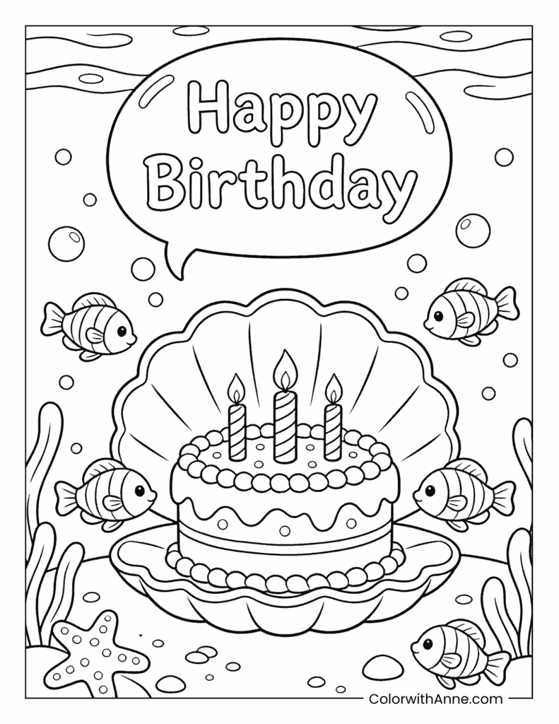 Underwater Happy Birthday in a Seashell Coloring Page